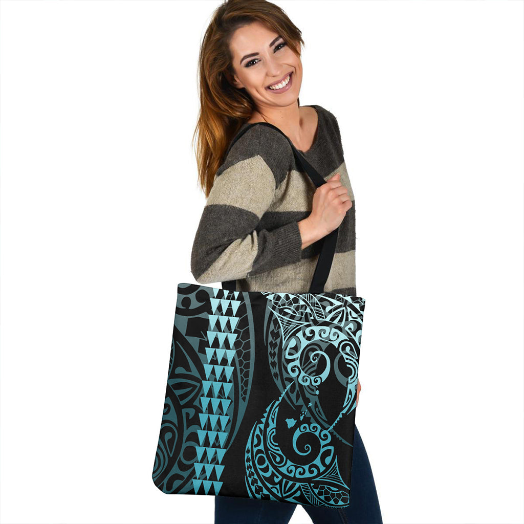 Hawaii Tote Bag Map Kakau Style Turquoise