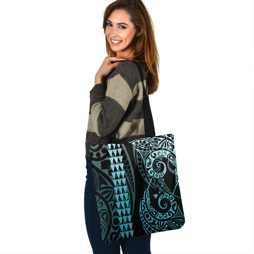 Hawaii Tote Bag Map Kakau Style Turquoise