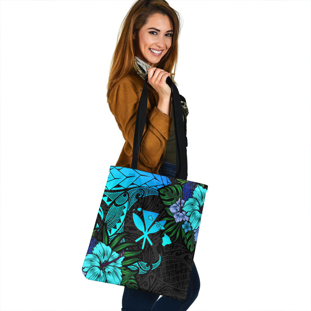 Hawaii Tote Bag Polynesian Turtle Tropical Blue Gardient Blue