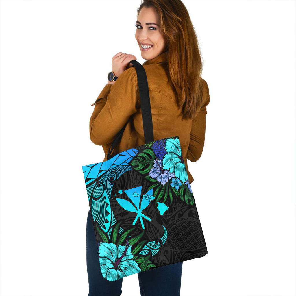 Hawaii Tote Bag Polynesian Turtle Tropical Blue Gardient Blue