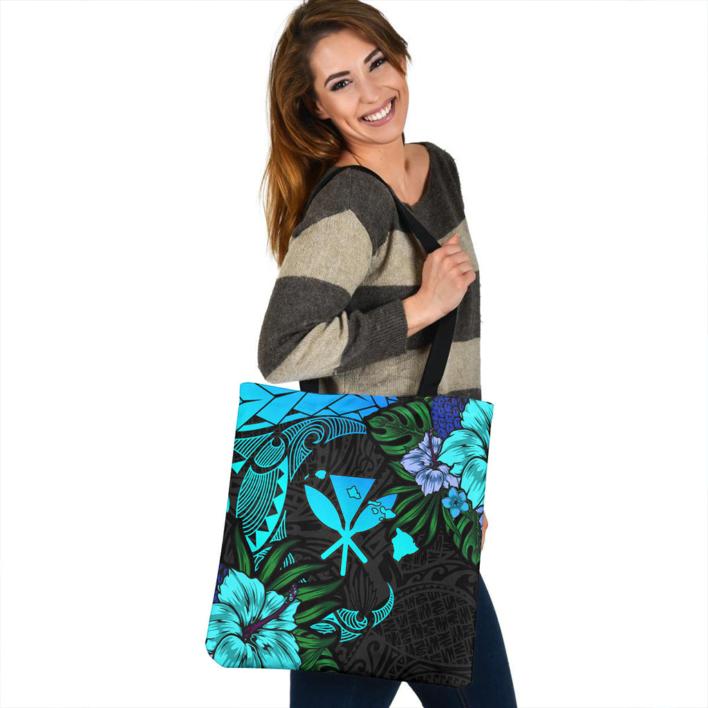 Hawaii Tote Bag Polynesian Turtle Tropical Blue Gardient Blue