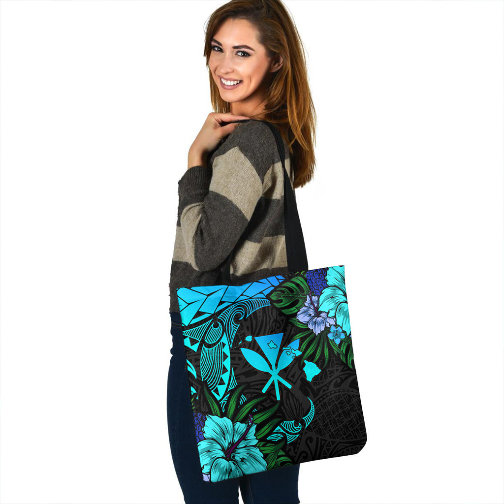 Hawaii Tote Bag Polynesian Turtle Tropical Blue Gardient Blue