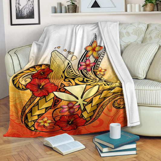Hawaii Premium Blanket Humpback Whale with Hibiscus Plumeria