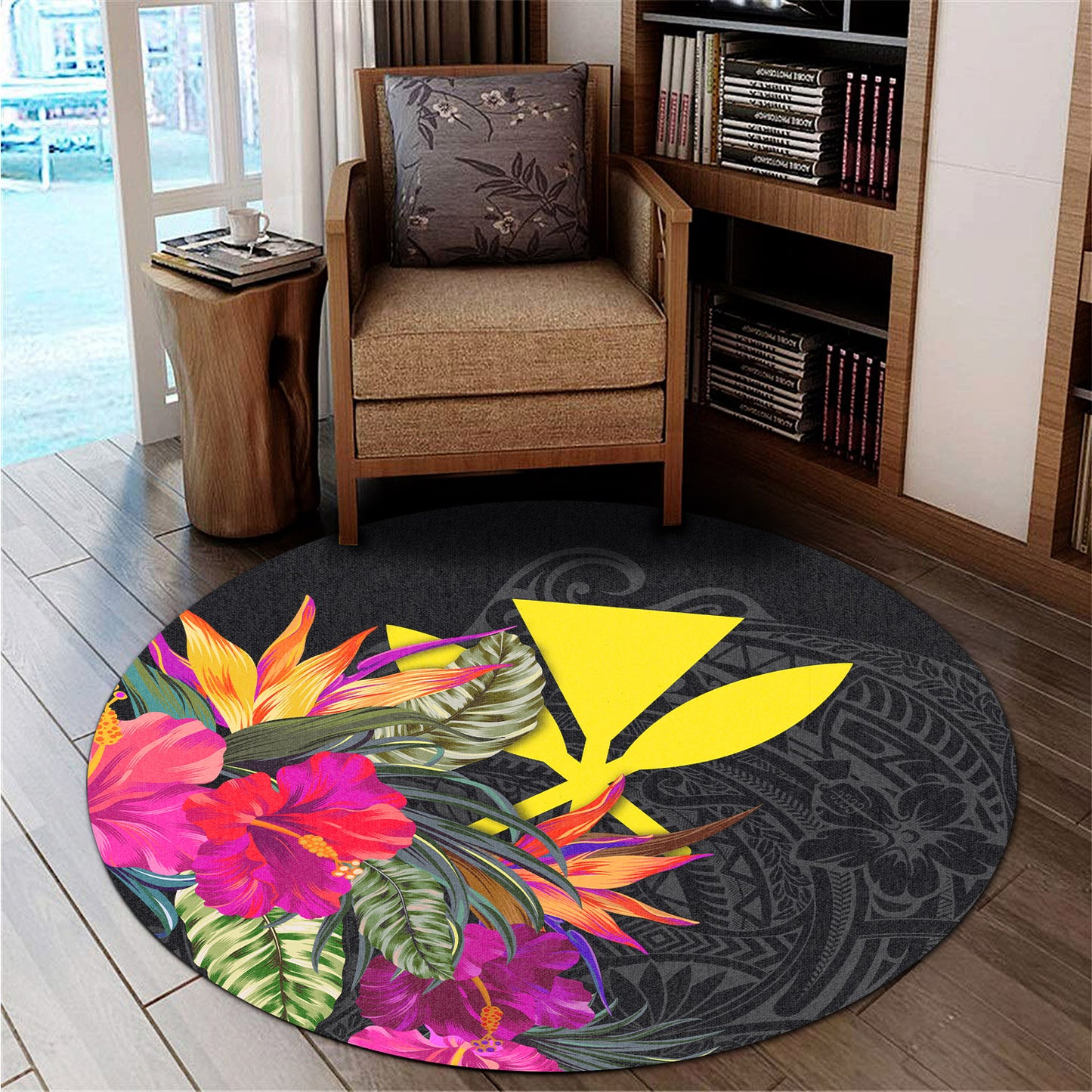 Hawaii Round Rug - Polynesian Pattern Hibiscus