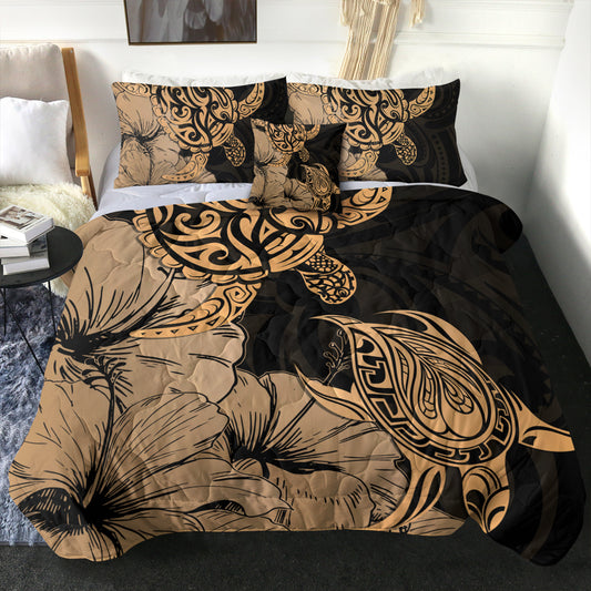 Hawaii Turtle Comforter Polynesian Hibiscus Art Gold