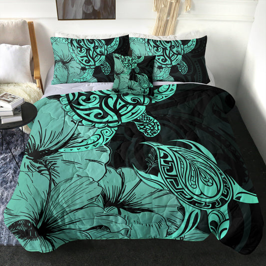 Hawaii Turtle Comforter Polynesian Hibiscus Art Turquoise