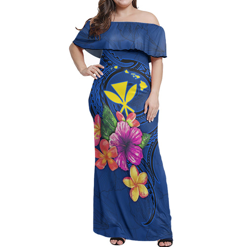 Hawaii Woman Off Shoulder Long Dress Floral With Seal Blue