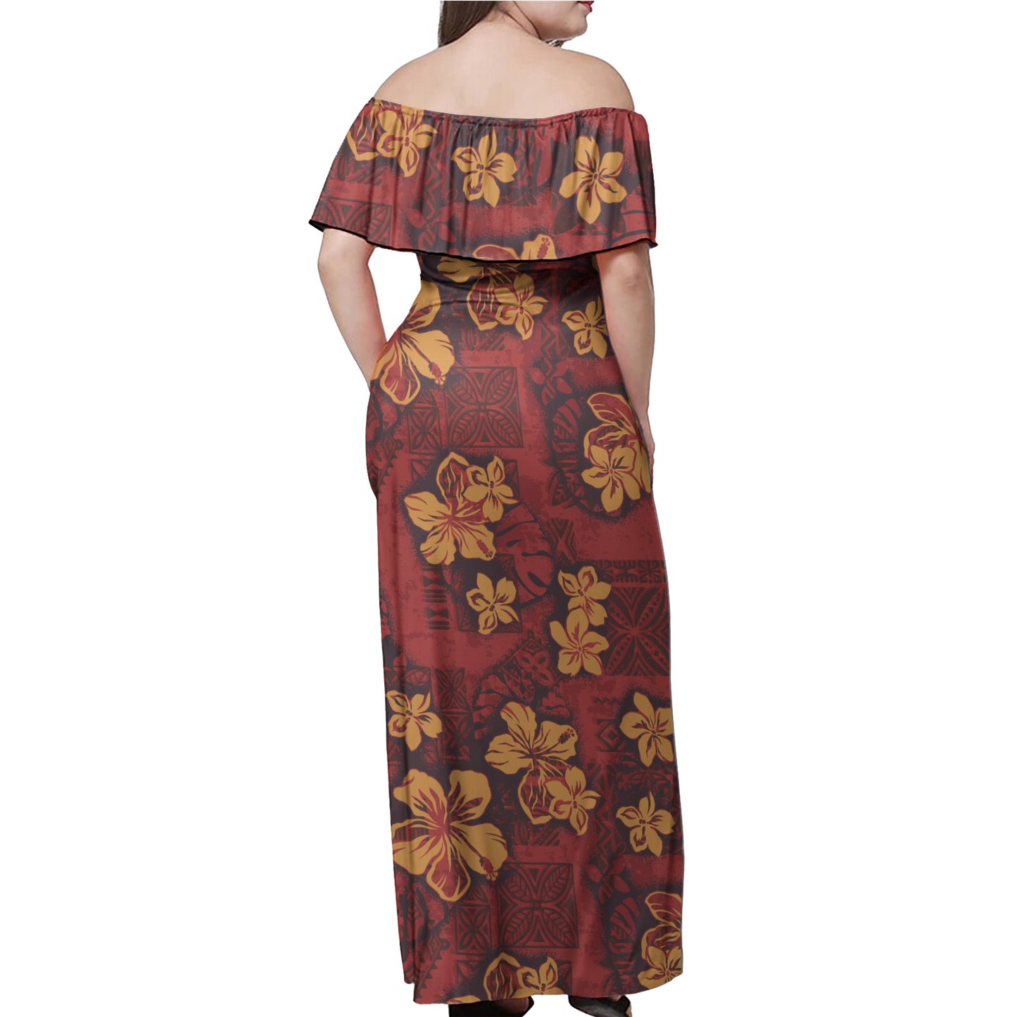 Hawaii Woman Off Shoulder Long Dress Polynesian Tribal And Hibiscus Vintage Red Gold
