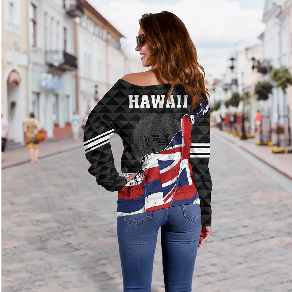 Hawaii Off Shoulder Sweatshirt Flag Alohawaii Kakau Pattern