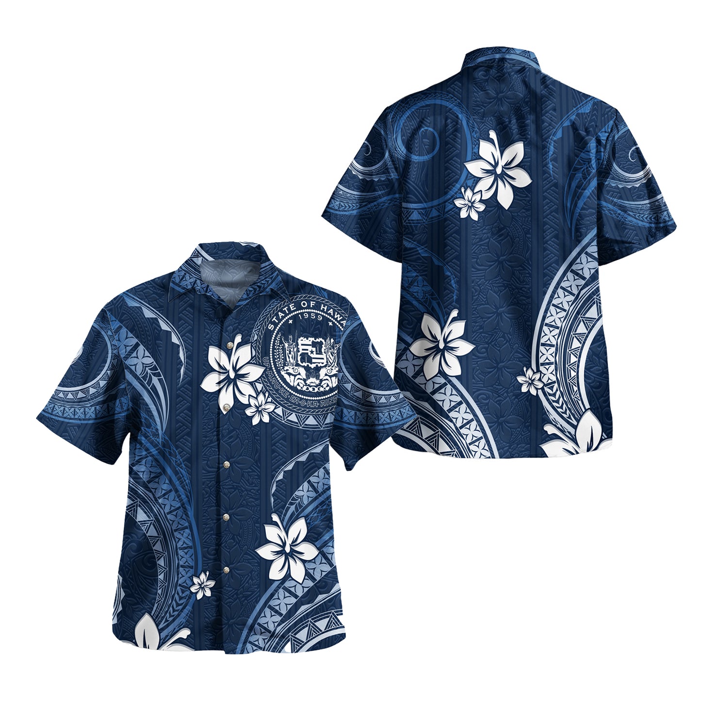 Hawaii Combo Off Shoulder Long Dress And Shirt White Hibiscus Blue Pattern