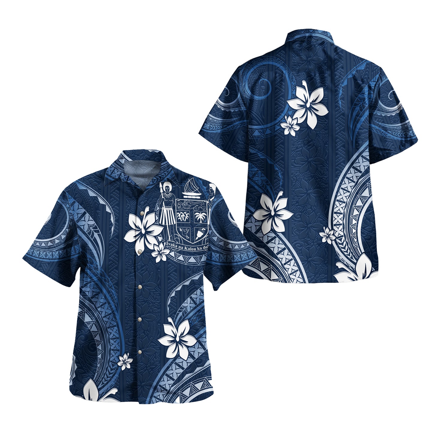 Fiji Combo Puletasi And Shirt White Hibiscus Blue Tribal Pattern