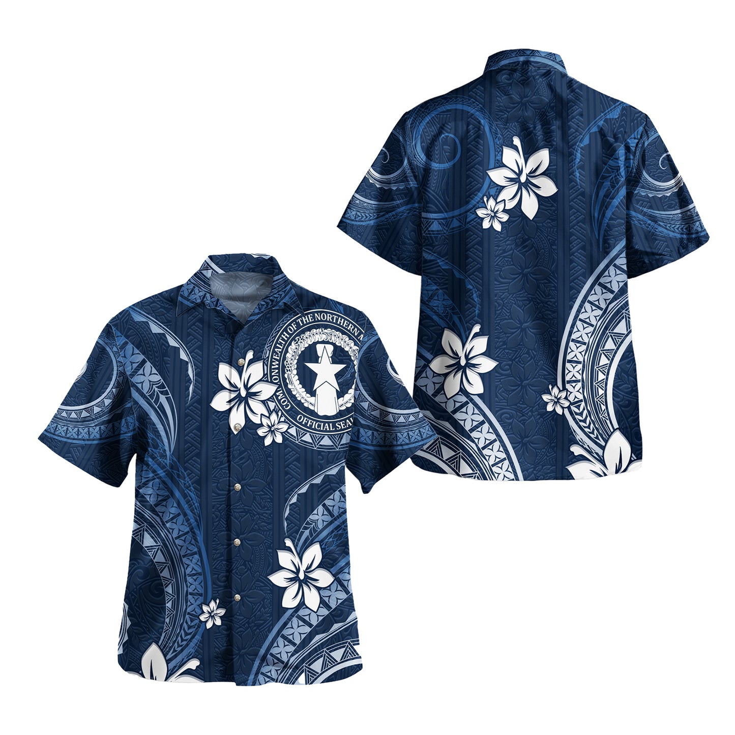 Northern Mariana Islands Combo Off Shoulder Long Dress And Shirt White Hibiscus Blue Pattern