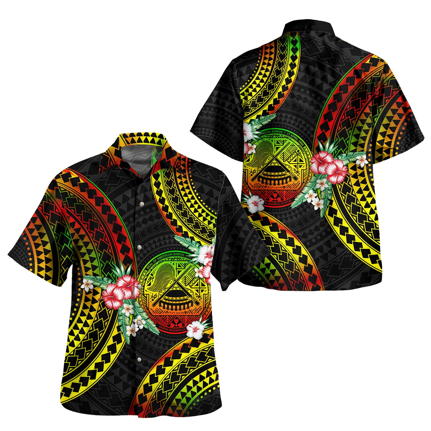 American Samoa Combo Puletasi And Shirt Polynesian Pattern Reggae Color Hibiscus Flowers