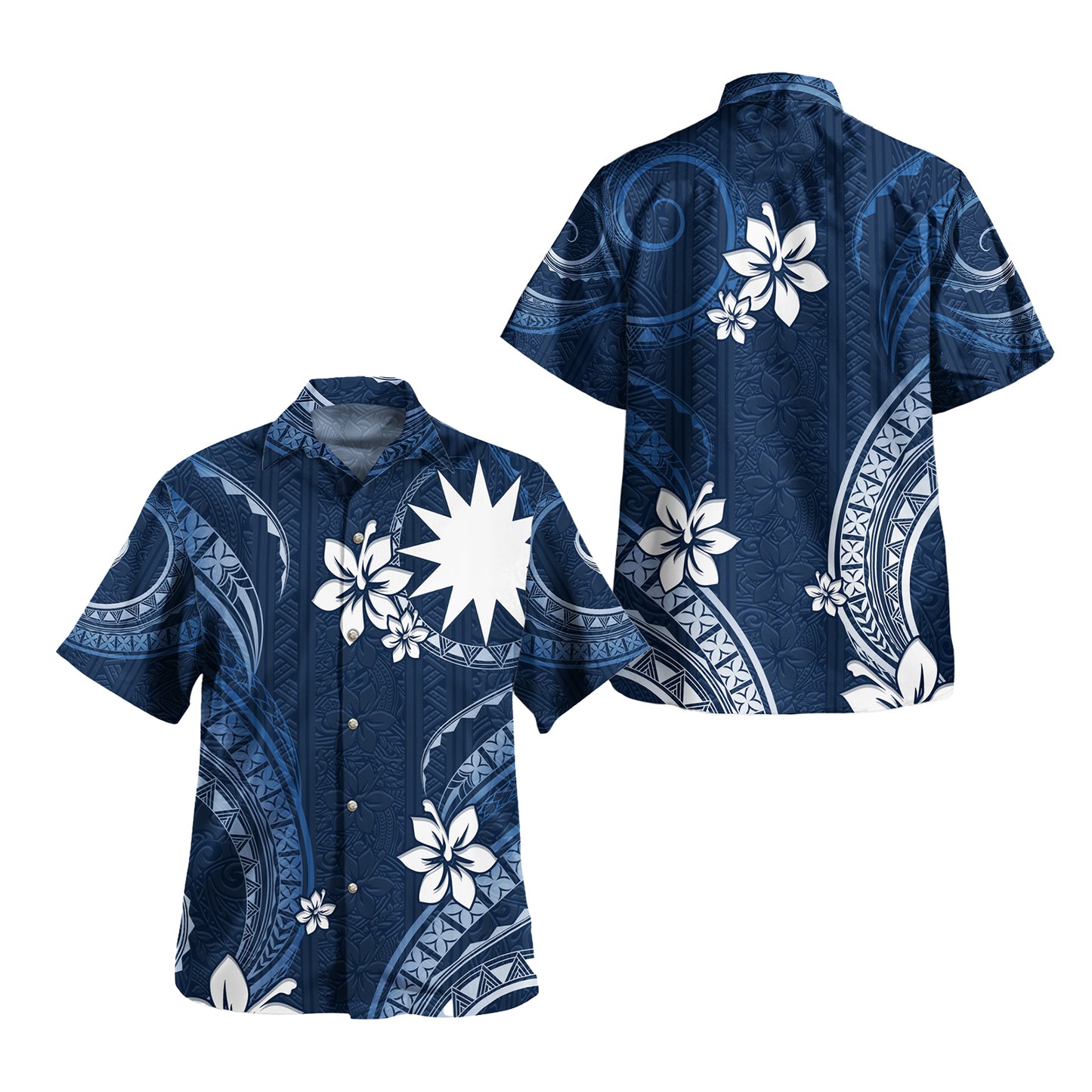 Nauru Combo Off Shoulder Long Dress And Shirt White Hibiscus Blue Pattern