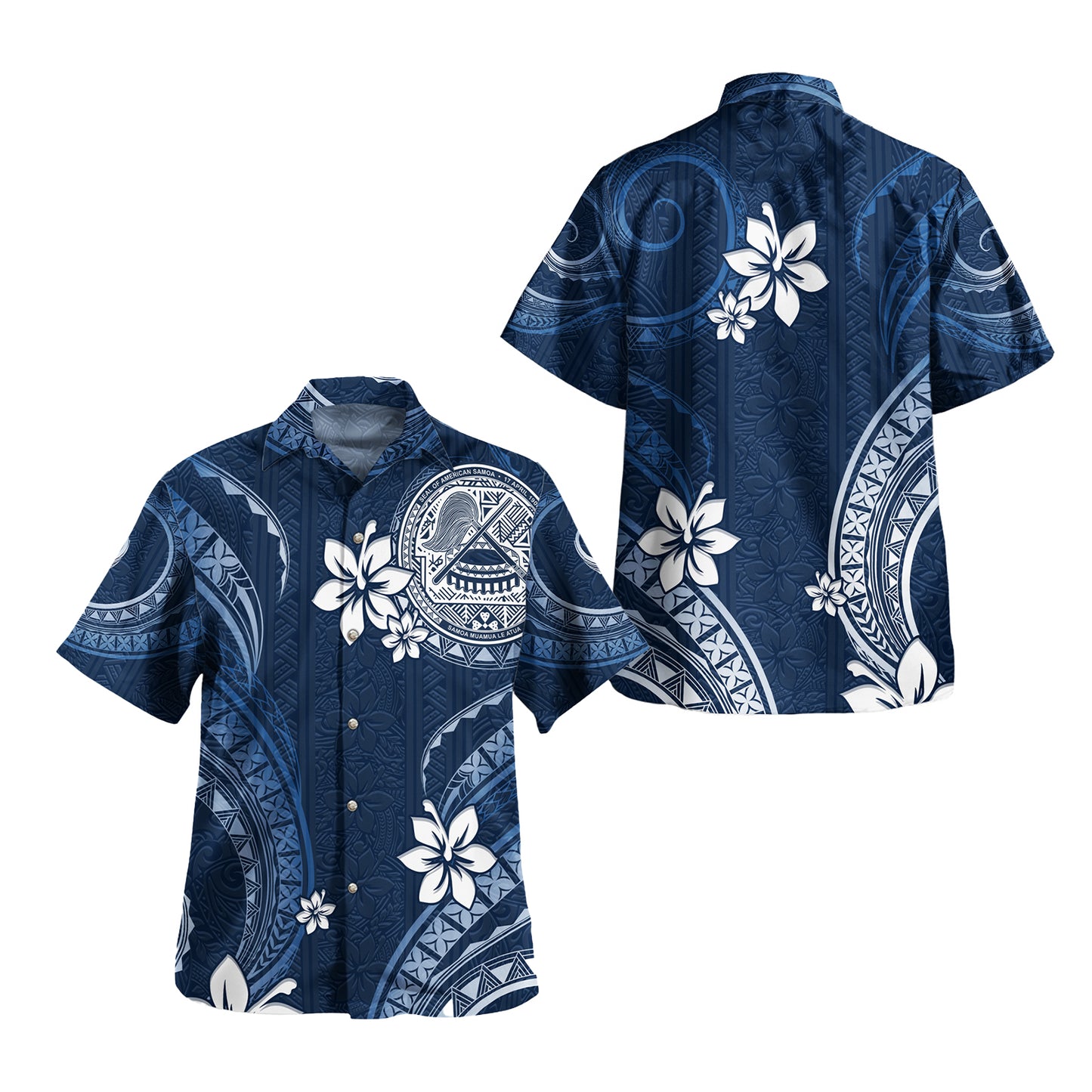 American Samoa Combo Puletasi And Shirt White Hibiscus Blue Tribal Pattern