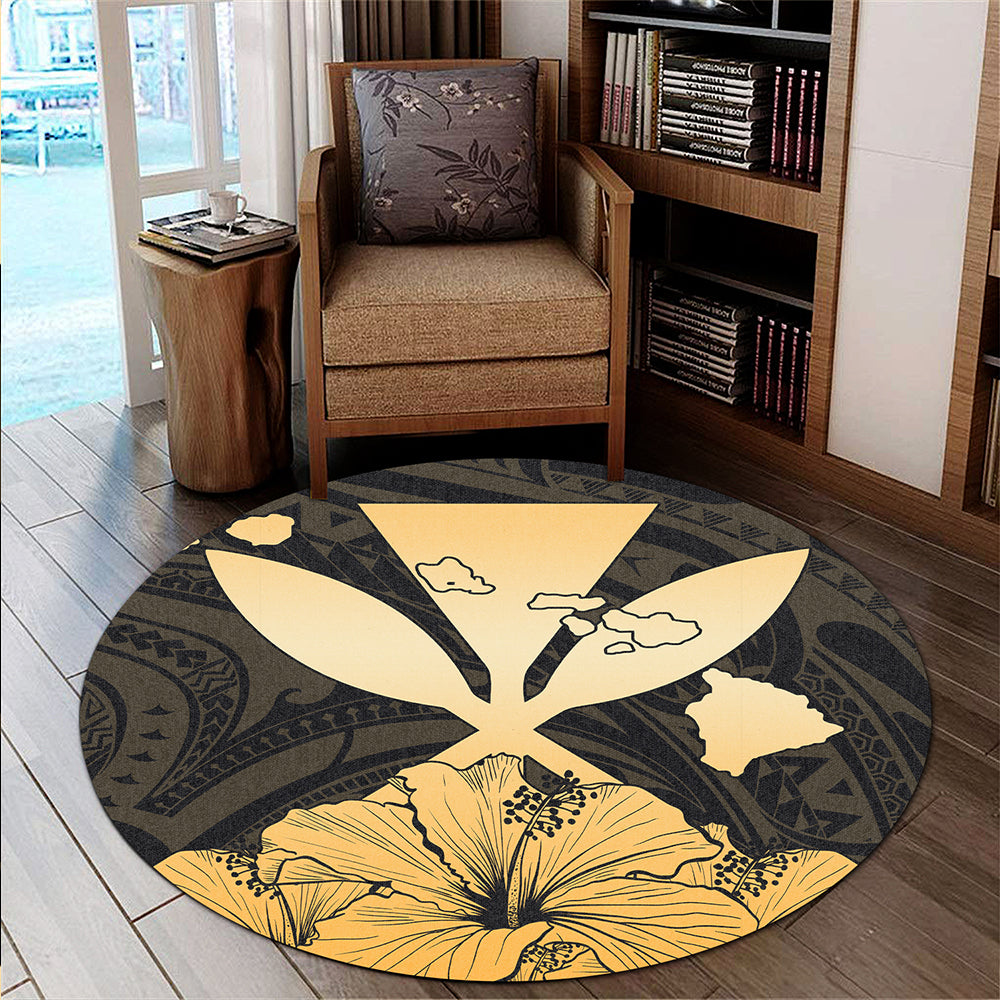 Hawaiian Round Rug Kanaka Maoli Hibiscus Polynesian Love Gold