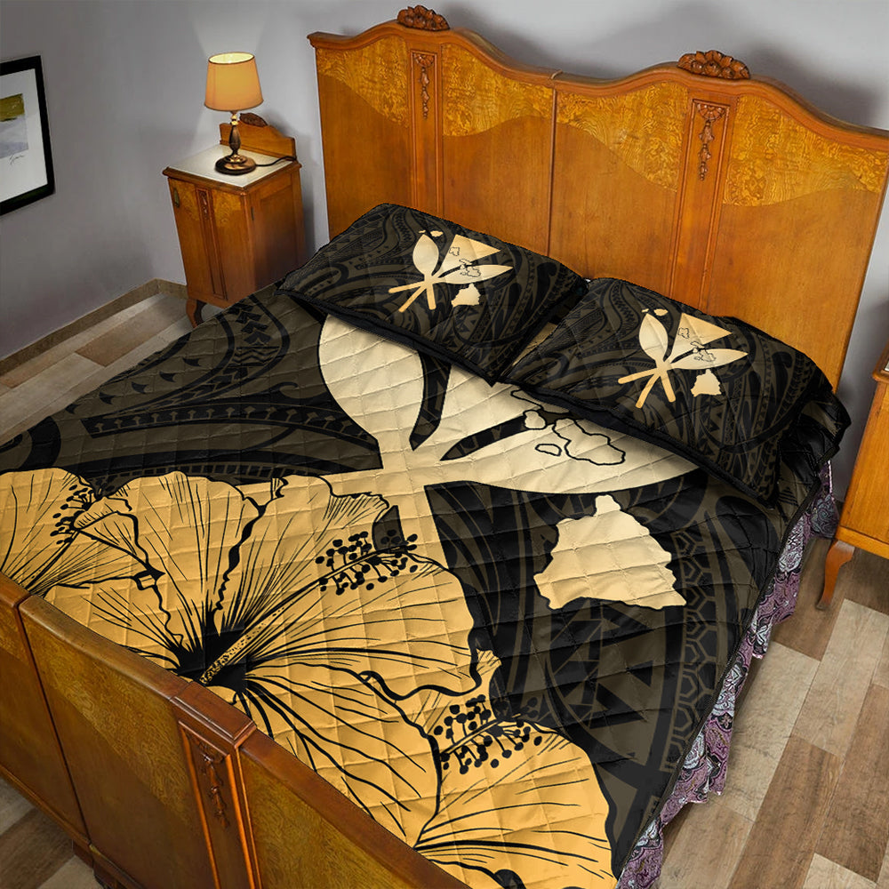 Hawaiian Quilt Bed Set Kanaka Maoli Hibiscus Polynesian Love Gold