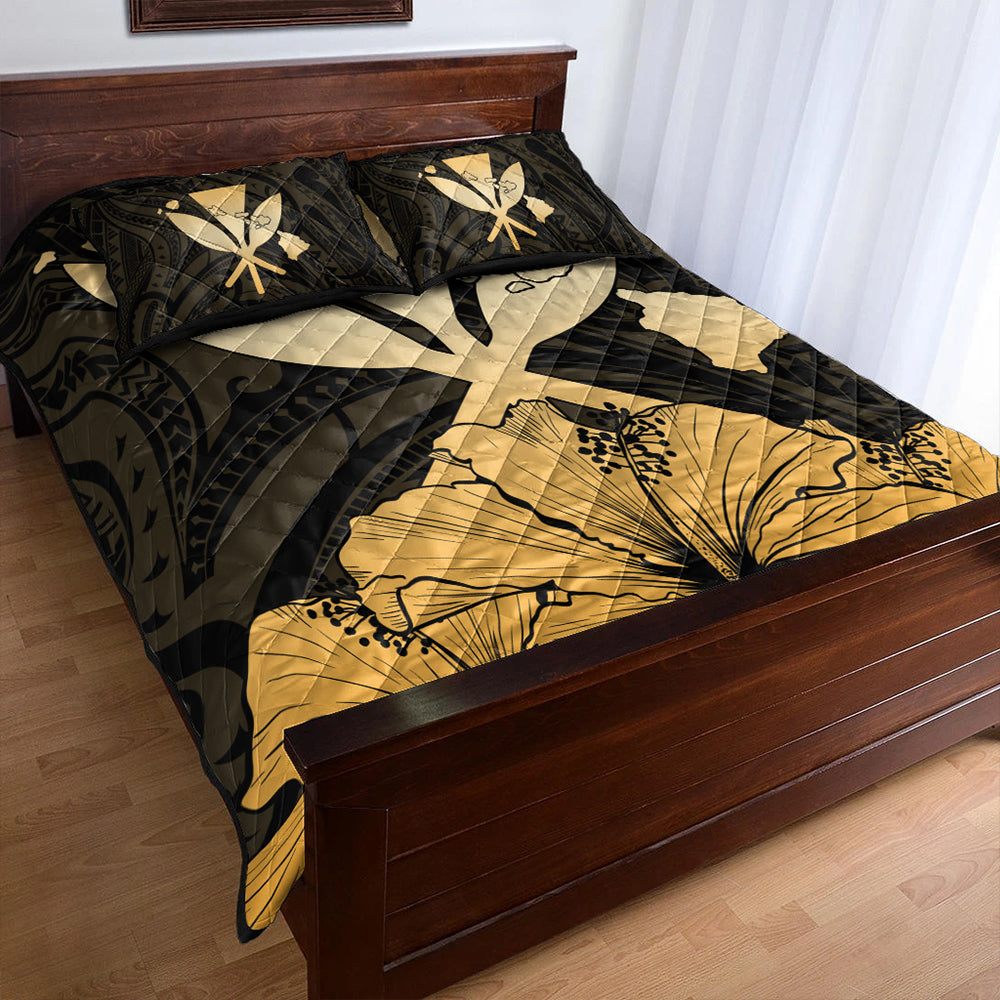 Hawaiian Quilt Bed Set Kanaka Maoli Hibiscus Polynesian Love Gold