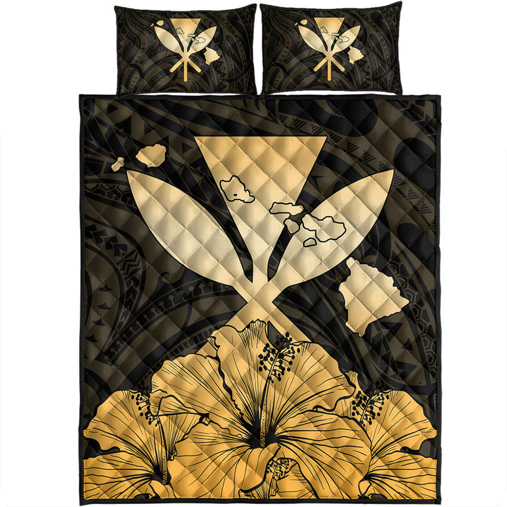 Hawaiian Quilt Bed Set Kanaka Maoli Hibiscus Polynesian Love Gold