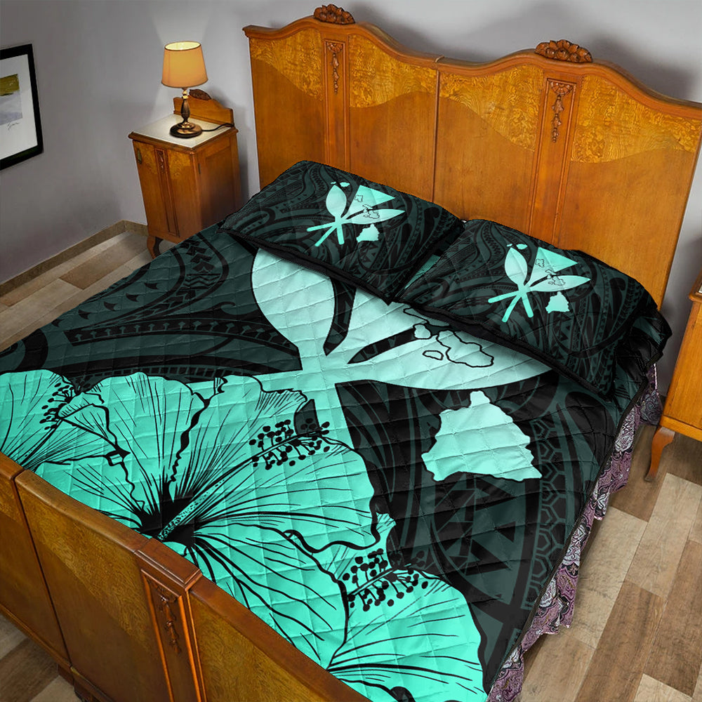 Hawaiian Quilt Bed Set Kanaka Maoli Hibiscus Polynesian Love Turquoise
