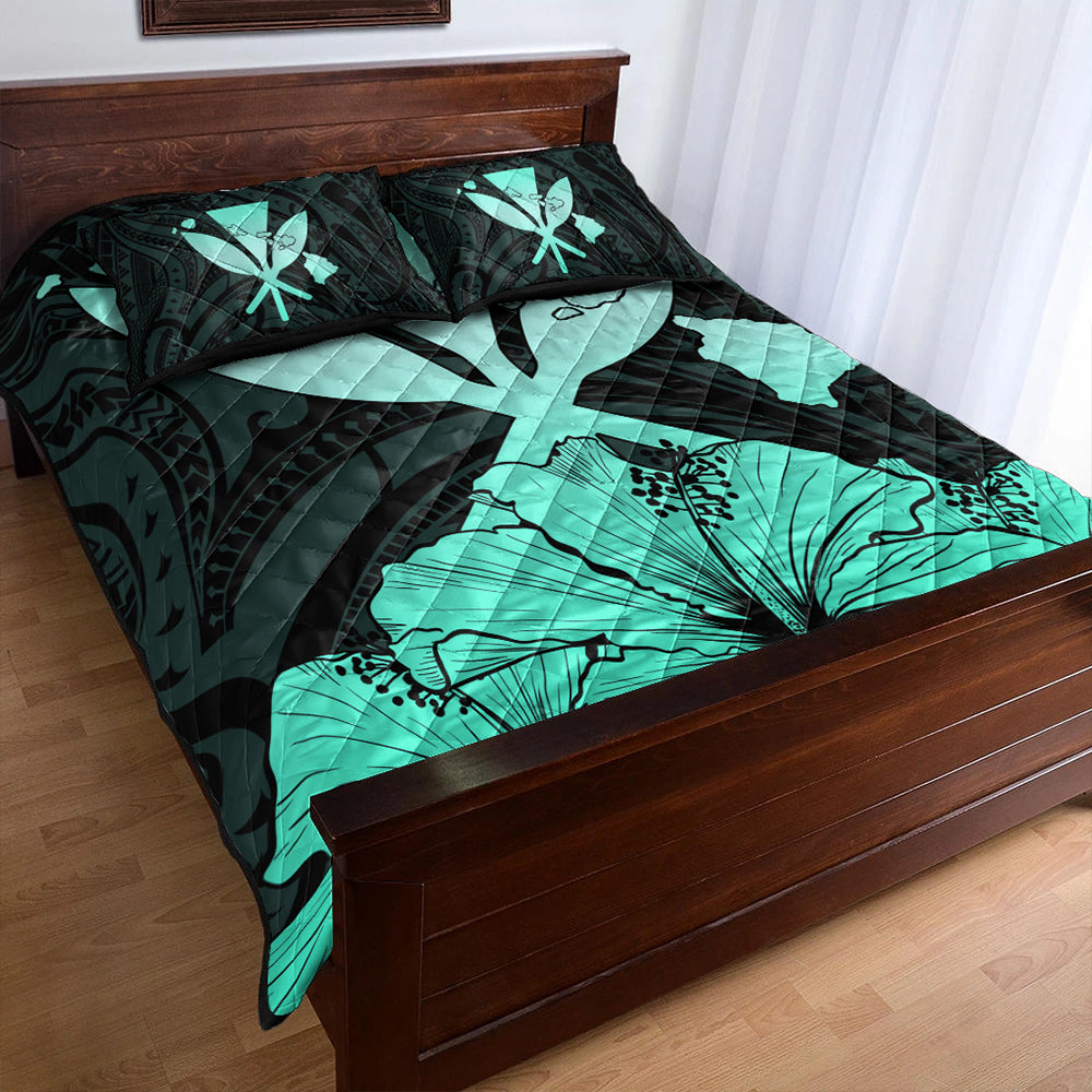 Hawaiian Quilt Bed Set Kanaka Maoli Hibiscus Polynesian Love Turquoise