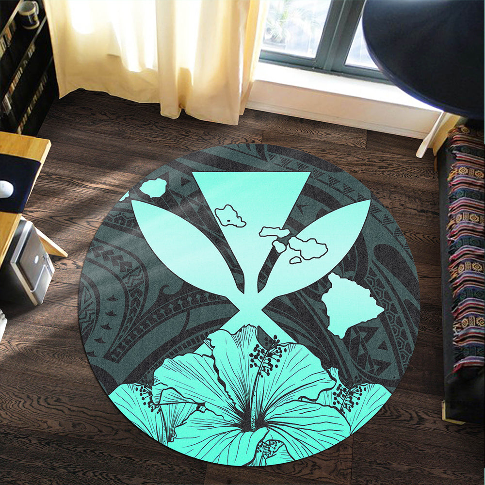 Hawaiian Round Rug Kanaka Maoli Hibiscus Polynesian Love Turquoise