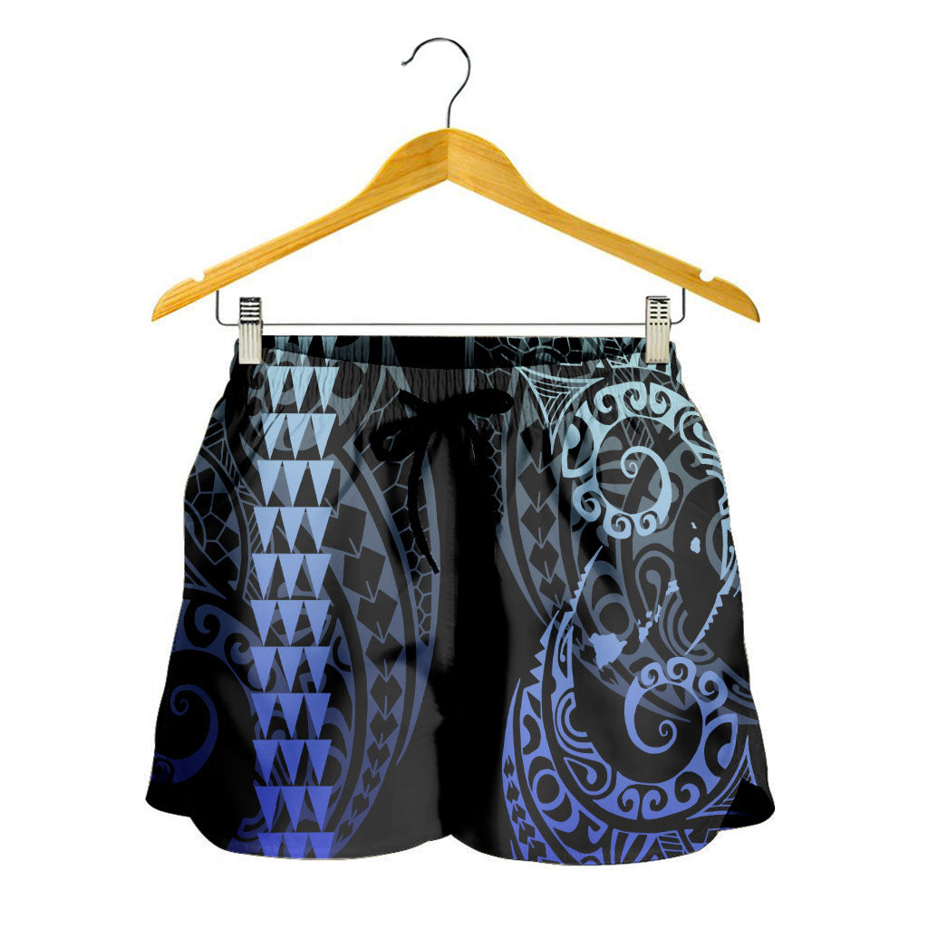 Hawaii Women Shorts Hawaiian Map Kakau Style Blue