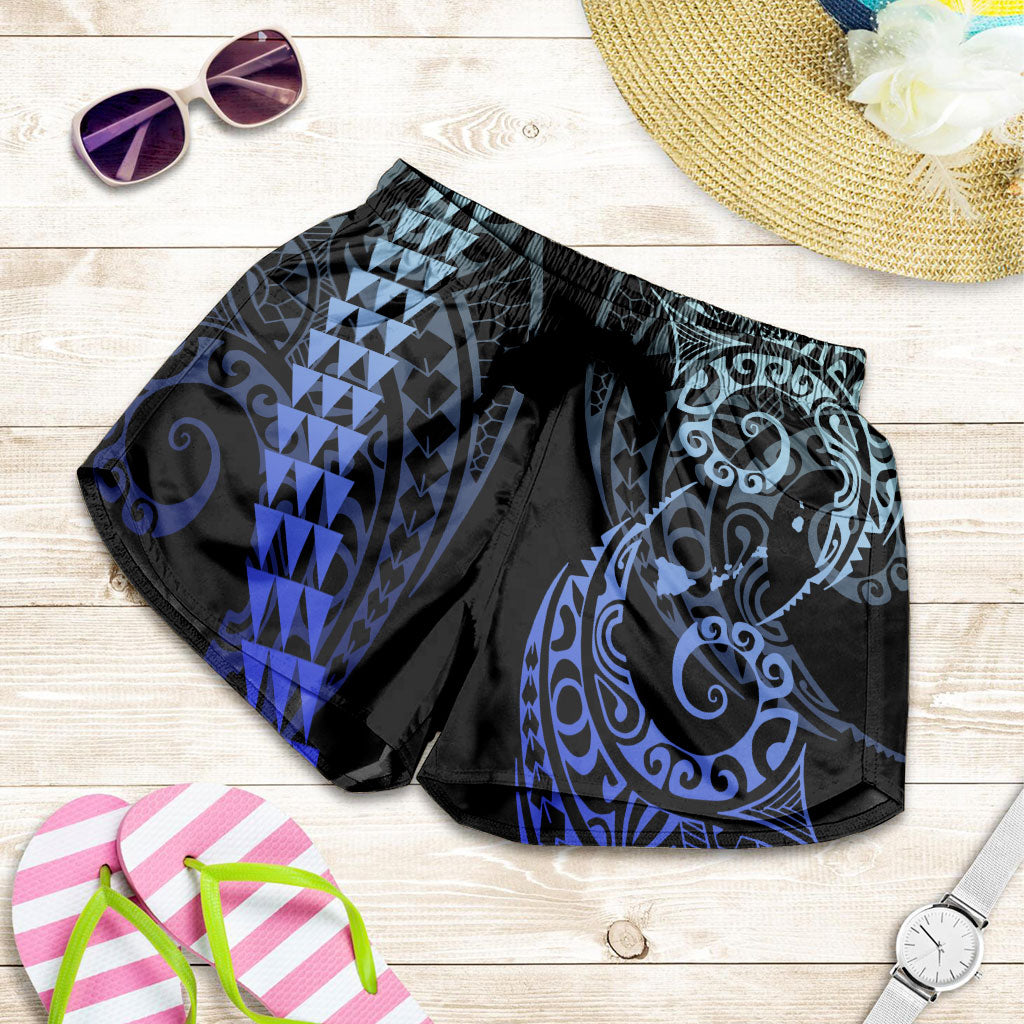 Hawaii Women Shorts Hawaiian Map Kakau Style Blue