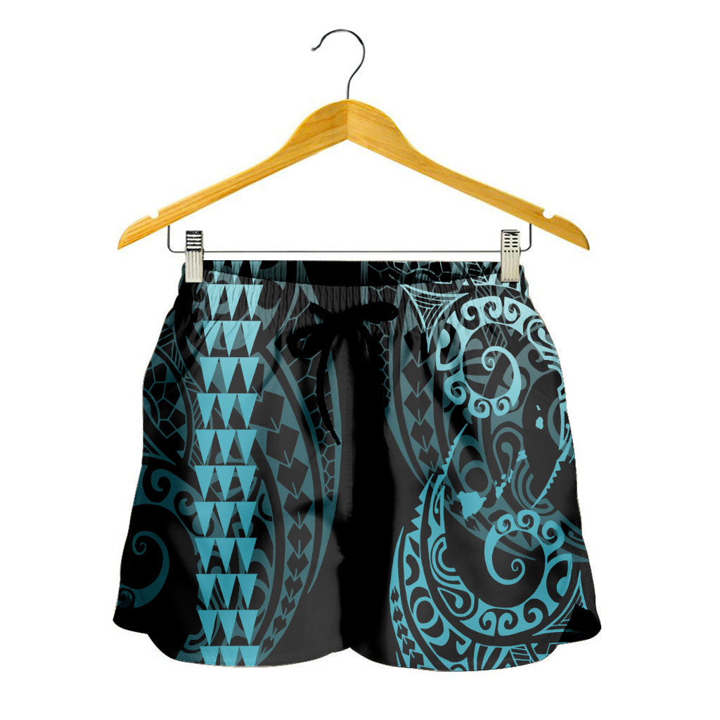Hawaii Women Shorts Hawaiian Map Kakau Style Turquoise