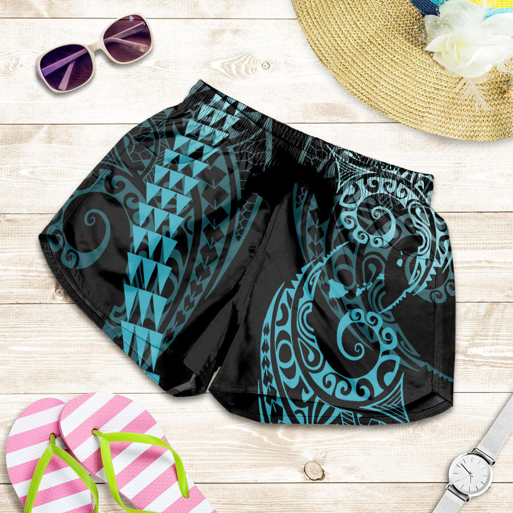 Hawaii Women Shorts Hawaiian Map Kakau Style Turquoise