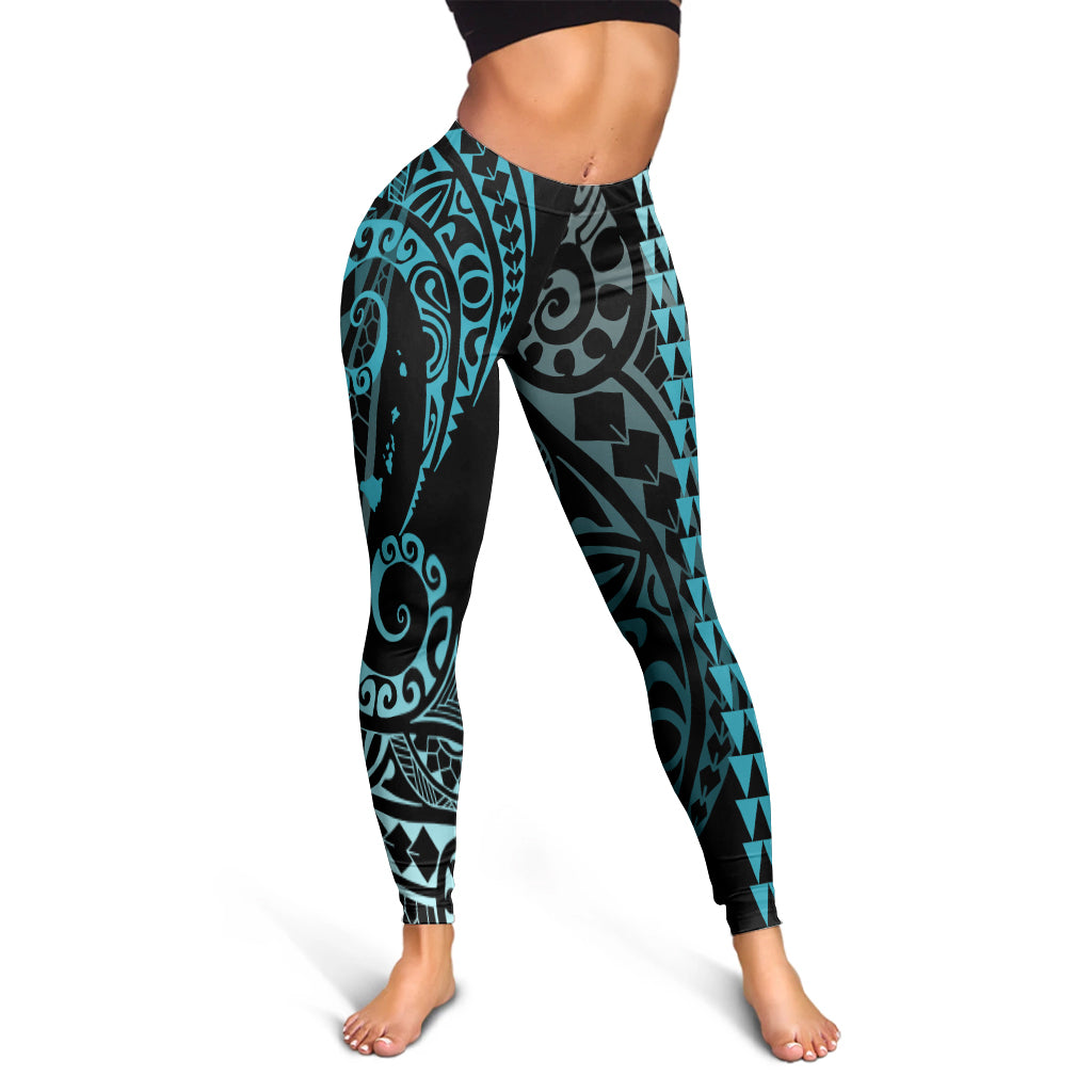 Hawaii Legging Hawaiian Map Kakau Style Turquoise