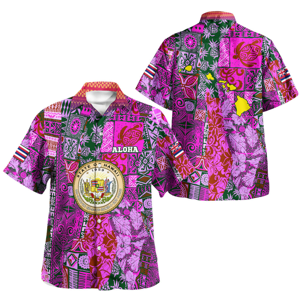 Hawaii Combo Dress And Hawaiian Shirt - Hawaiian style tapa fabric patchwork abstract vintage with Hawaii map