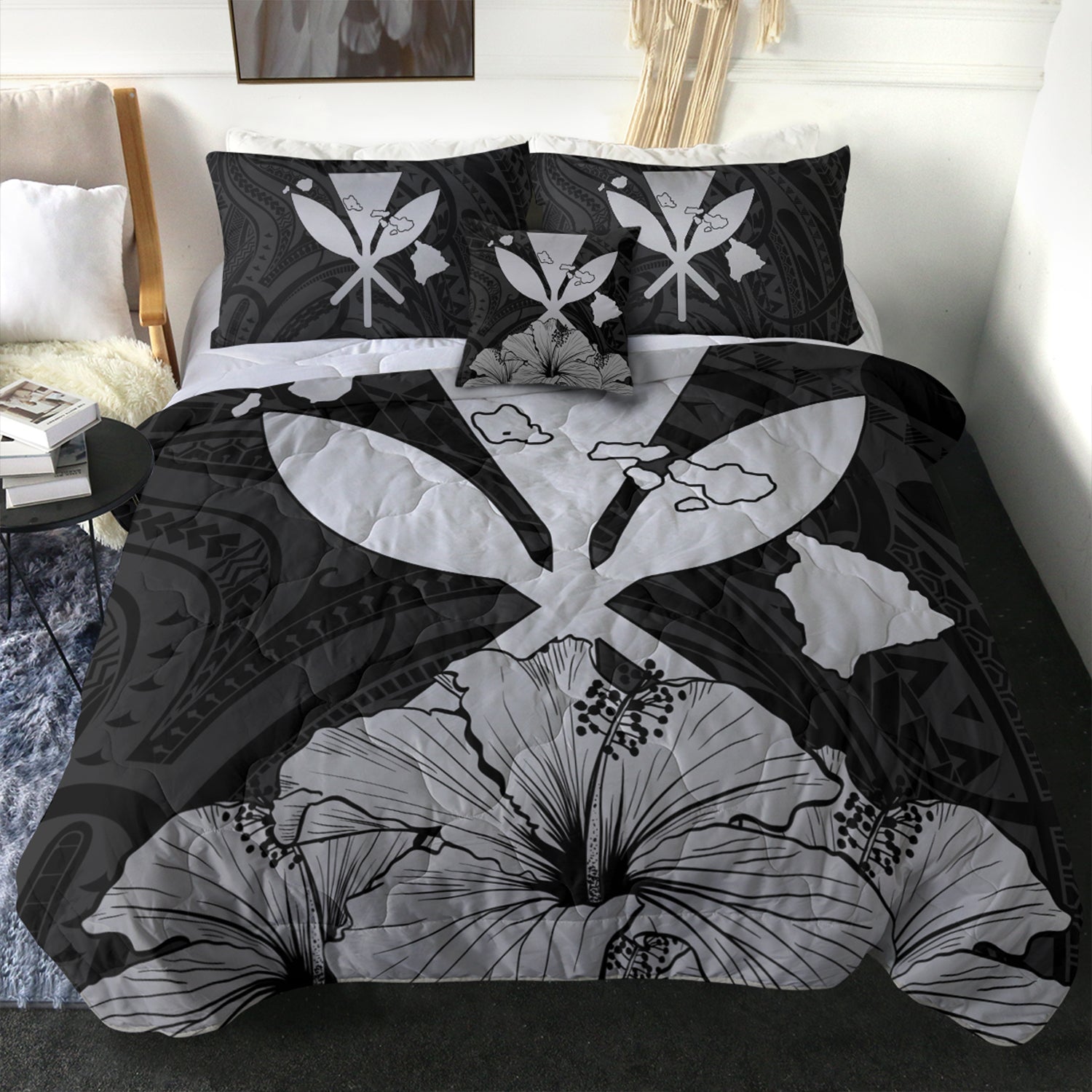 Hawaiian Comforter Kanaka Maoli Hibiscus Polynesian Love Gray