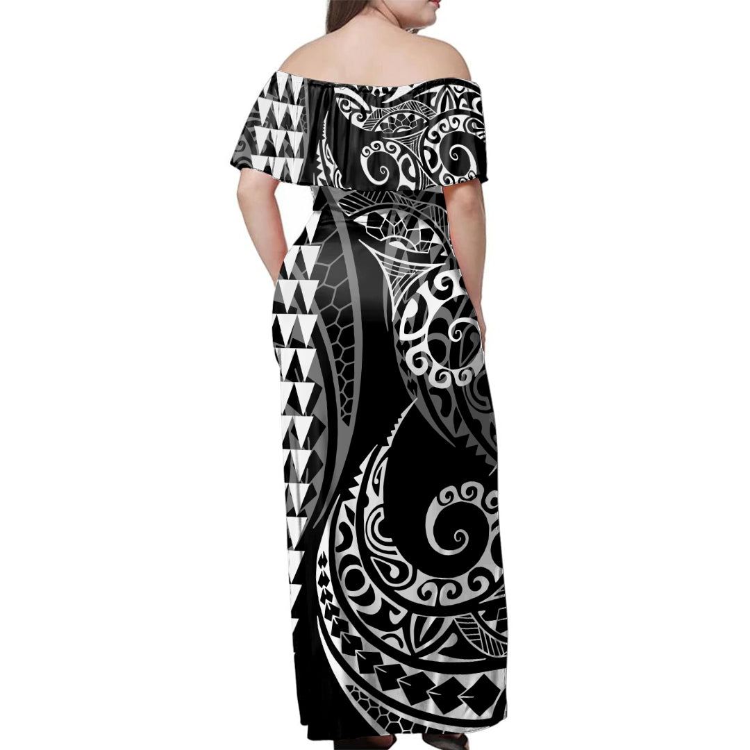 Hawaii Woman Off Shoulder Long Dress Tribal Hawaiian Map Kakau Style
