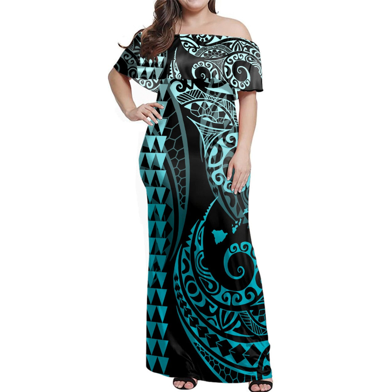 Hawaii Polynesian Combo Dress And Shirt Hawaiian Map Kakau Style Turquoise