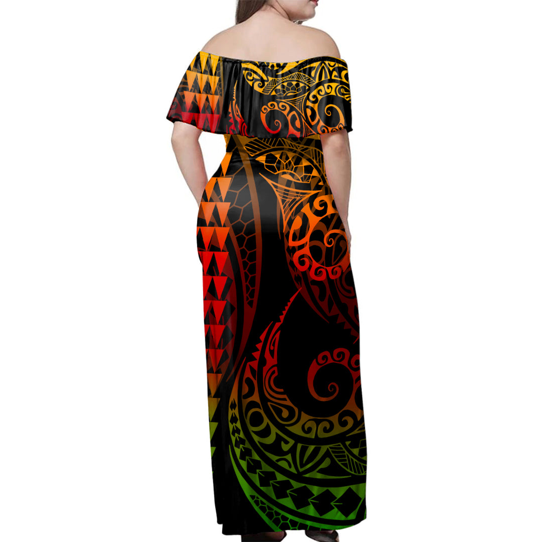 Hawaii Woman Off Shoulder Long Dress Tribal Hawaiian Map Kakau Color Style