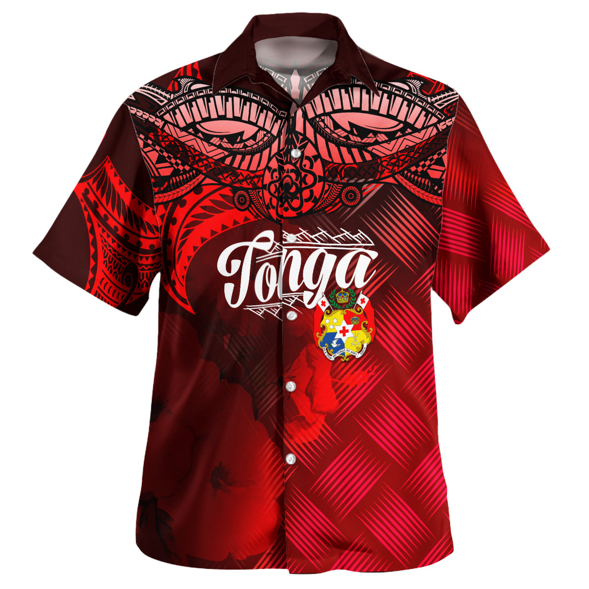Tonga Polynesian Hawaiian Shirt - Tonga Coat Of Arms with Lauhala Tribal Pattern