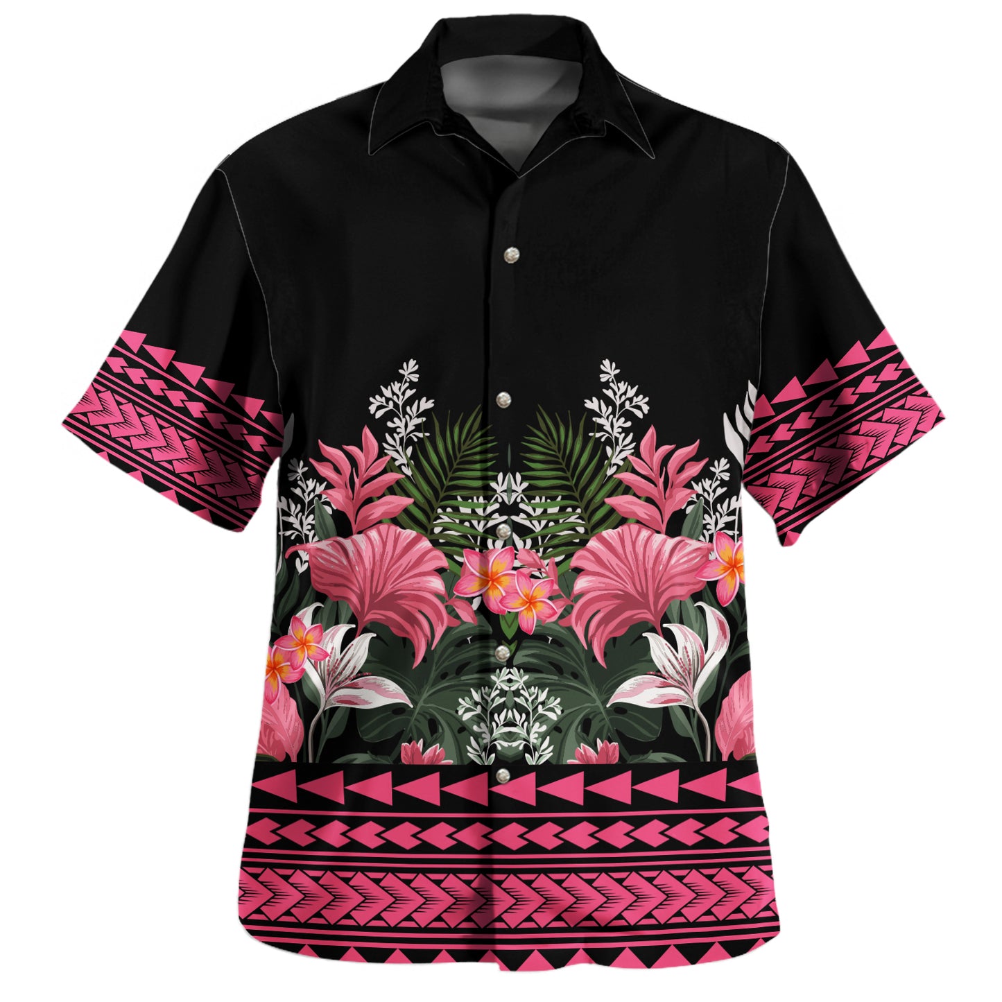 Polynesian Combo Off Shoulder Long Dress And Shirt Pattern Tropical Black And Pink