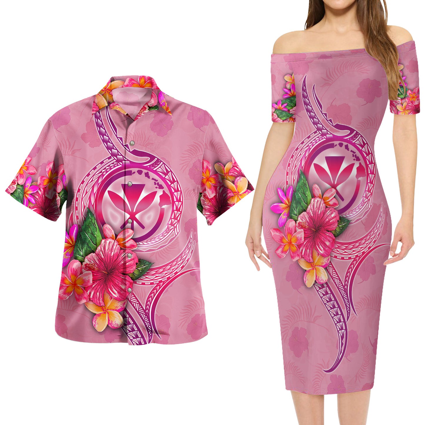 Hawaii Kanaka Maoli Combo Short Sleeve Dress And Shirt Floral With Seal Pink
