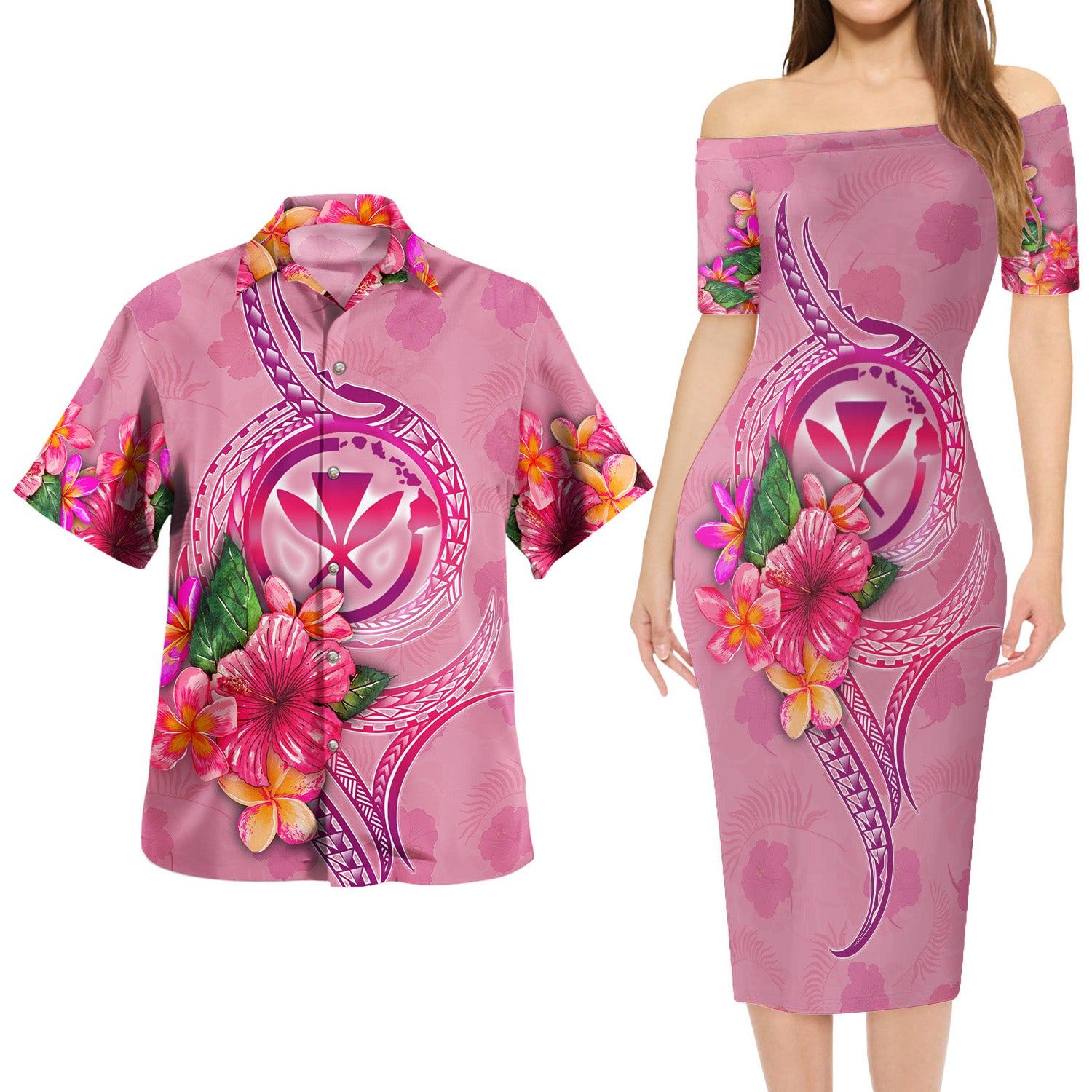 Hawaii Kanaka Maoli Combo Short Sleeve Dress And Shirt Floral With Seal Pink