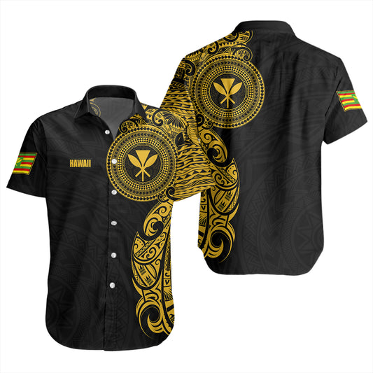 Hawaii Short Sleeve Shirt Hawaii Kanaka Maoli Custom Polynesian Half Sleeve Gold Tattoo With Kahili Black
