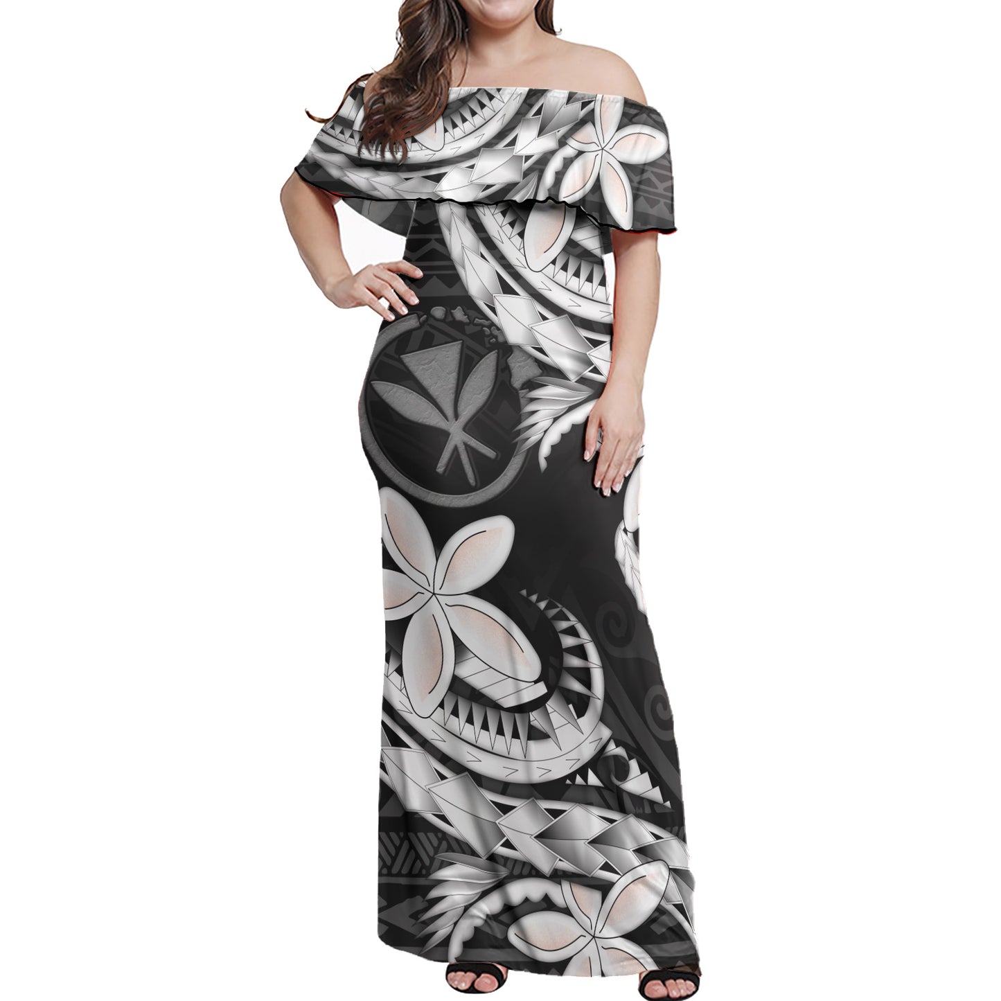 Hawaii Kanaka Maoli Combo Off Shoulder Long Dress And Shirt Polynesian Patterns Plumeria Flowers Special Style