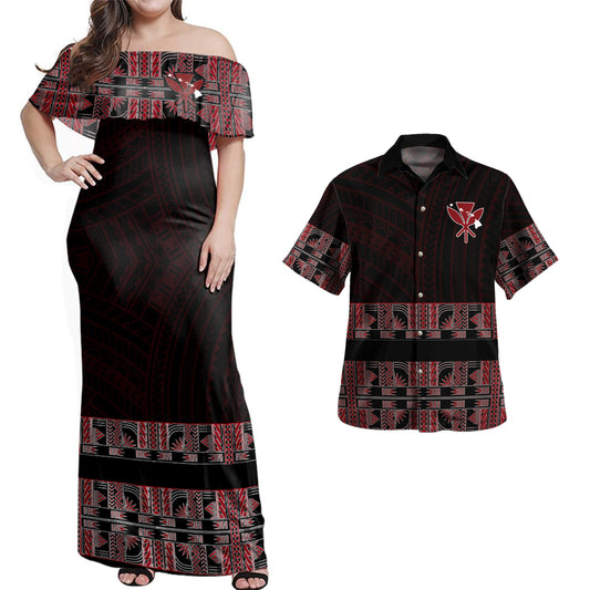 HawaiiCombo Off Shoulder Long Dress And Shirt Kanaka And Map Polynesia Tattoo