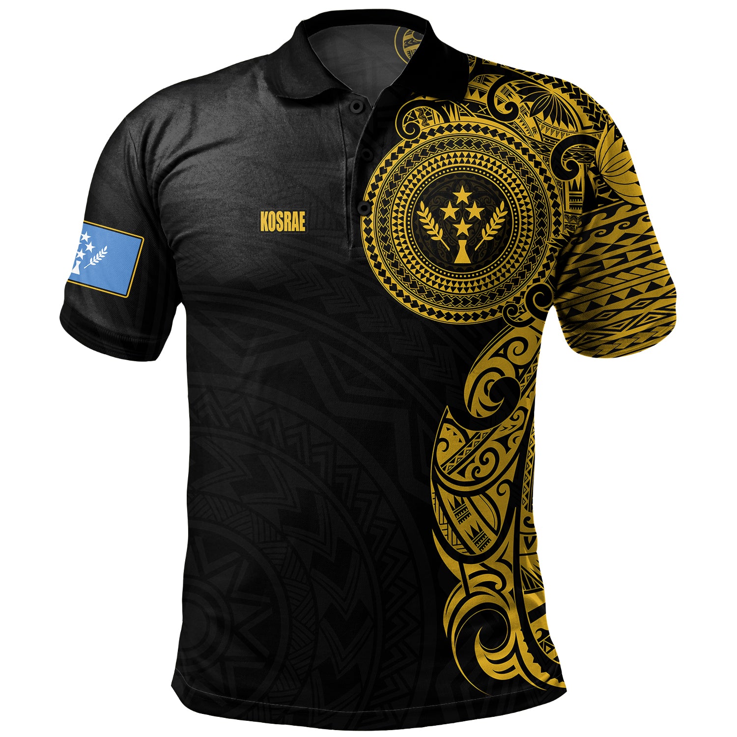 Kosrae Polo Shirt Custom Polynesian Half Sleeve Gold Tattoo With Seal Black