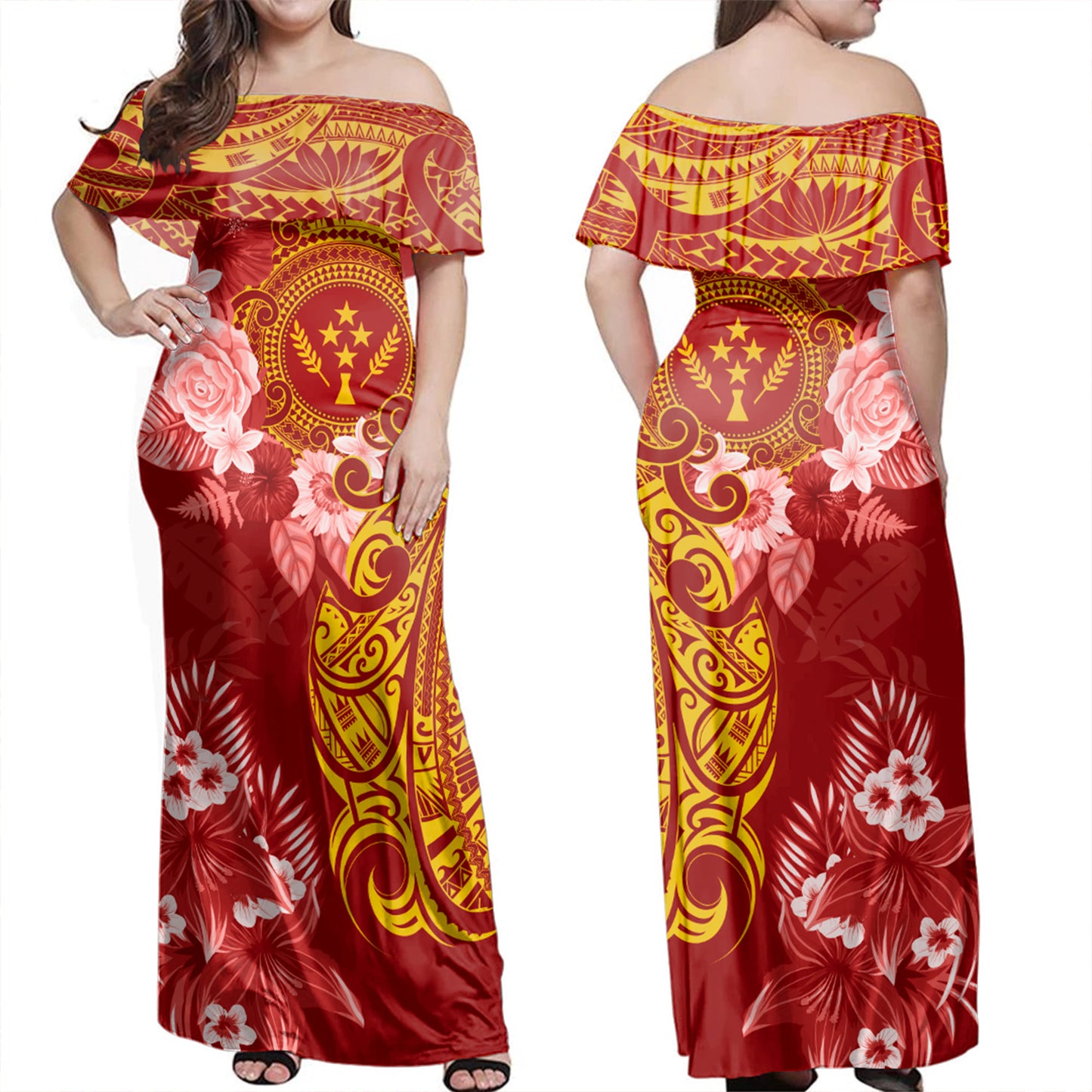 Kosrae Off Shoulder Long Dress Polynesian Tropical Plumeria Tribal Red
