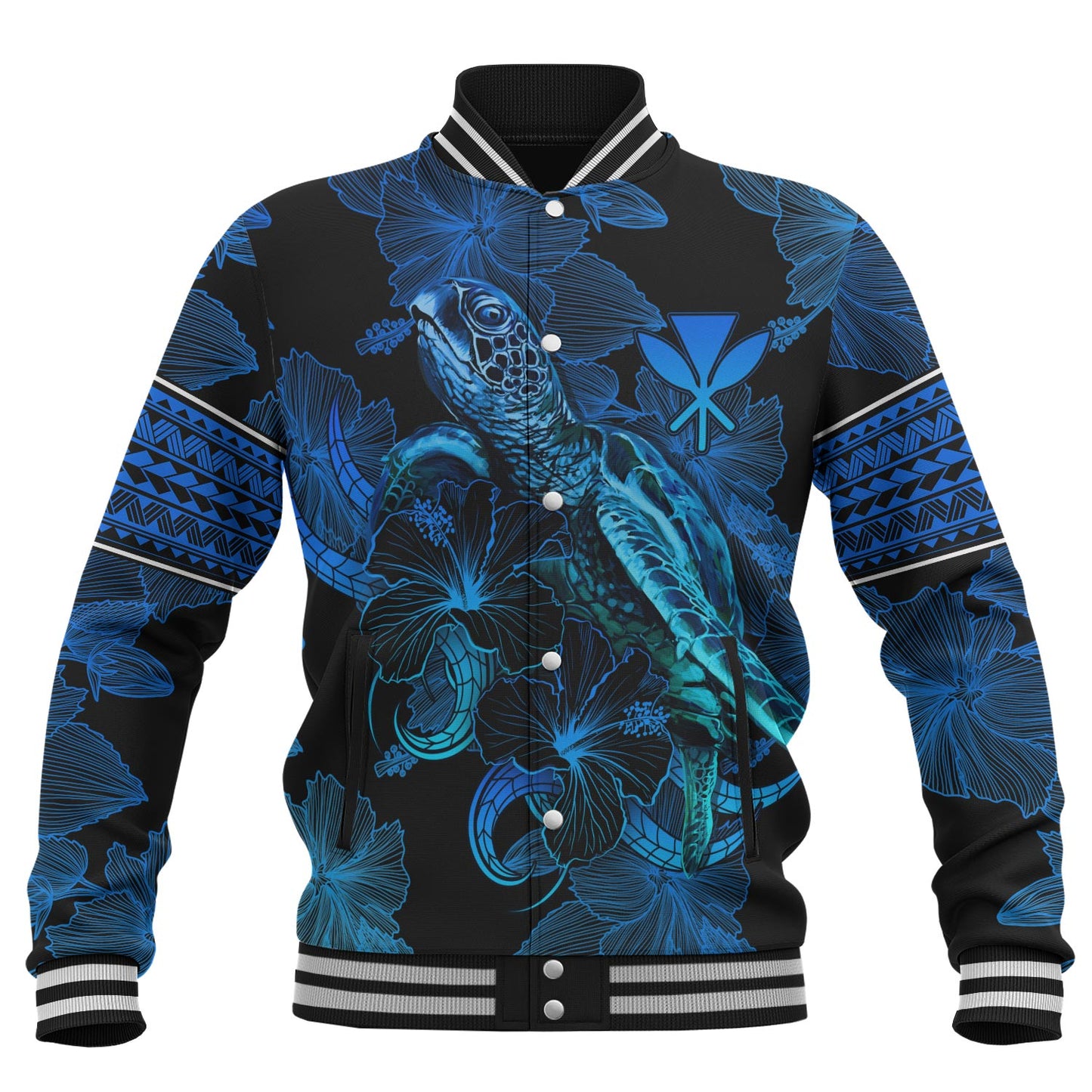 Hawaii Kanaka Maoli Baseball Jacket Sea Turtle With Blooming Hibiscus Flowers Tribal Blue