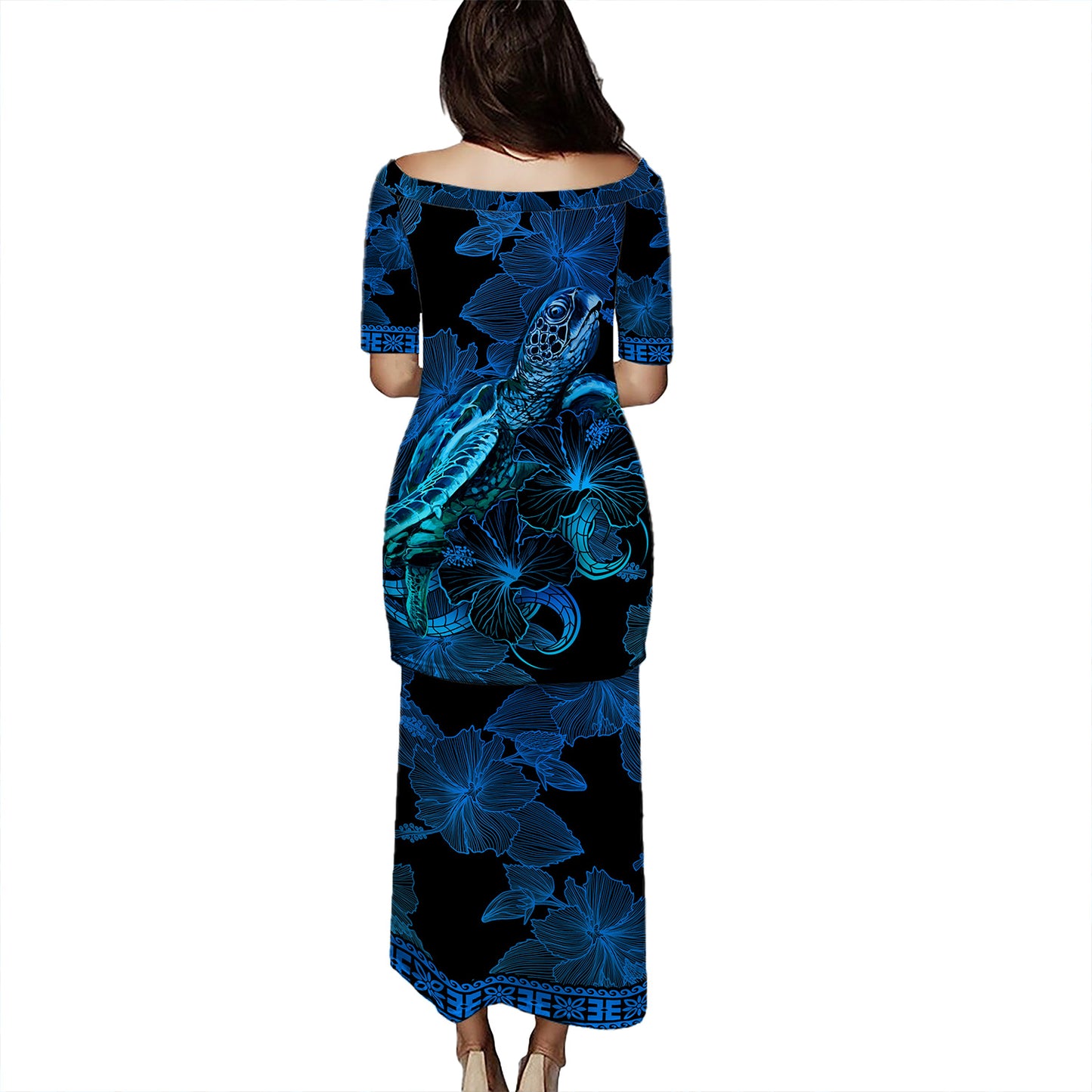 Hawaii Kanaka Maoli Combo Puletasi And Shirt Sea Turtle With Blooming Hibiscus Flowers Tribal Blue