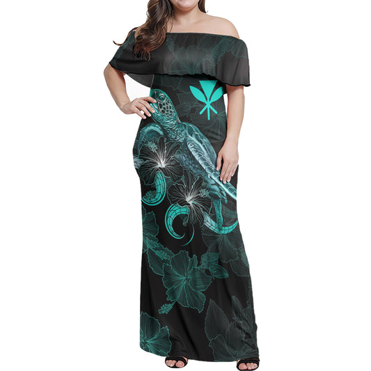 Native Hawaiians Woman Off Shoulder Long Dress - Hawaii KÄÂnaka Maoli With Polynesian Turtle Blooming Hibiscus Turquoise
