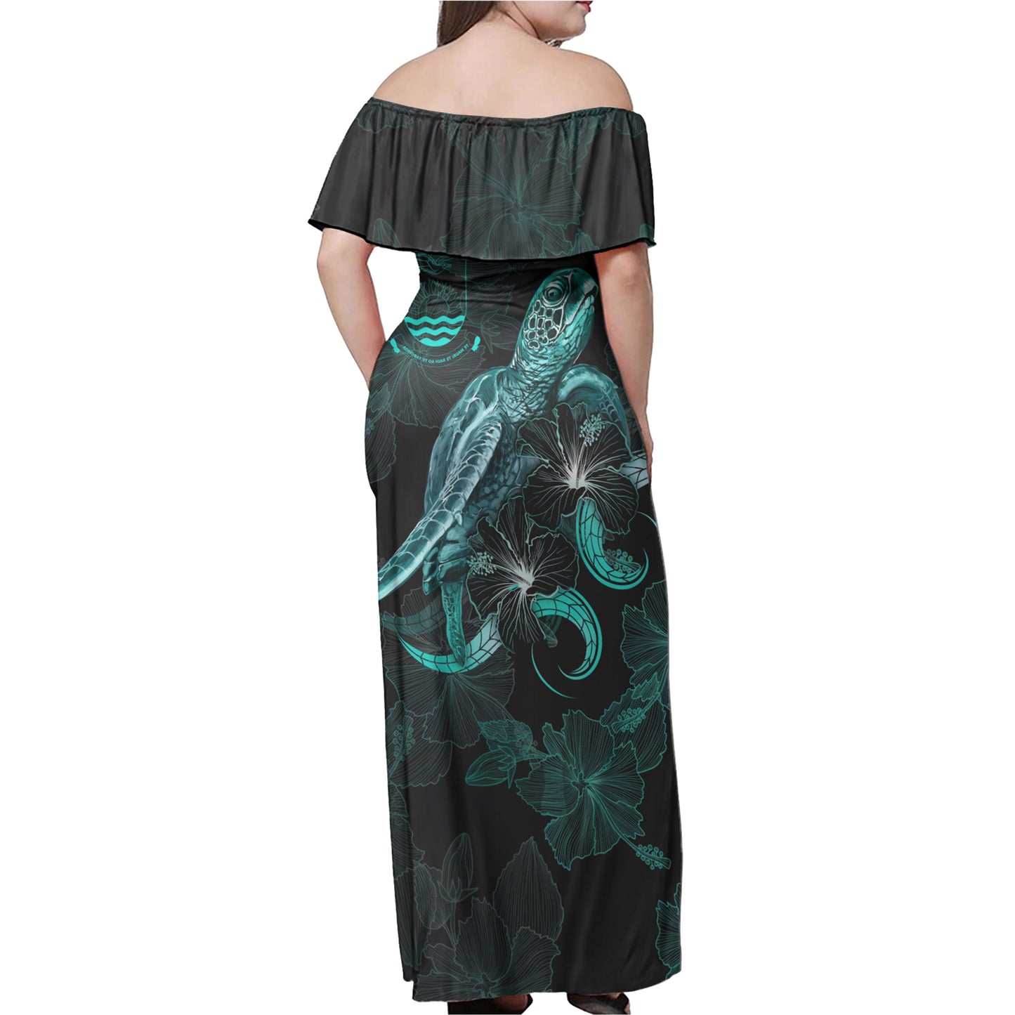 Kiribati Woman Off Shoulder Long Dress - Kiribati Coat Of Arms With Polynesian Turtle Blooming Hibiscus Turquoise