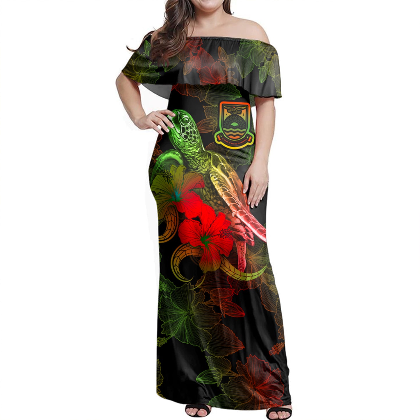 Kiribati Woman Off Shoulder Long Dress - Sea Turtle With Blooming Hibiscus Flowers Reggae